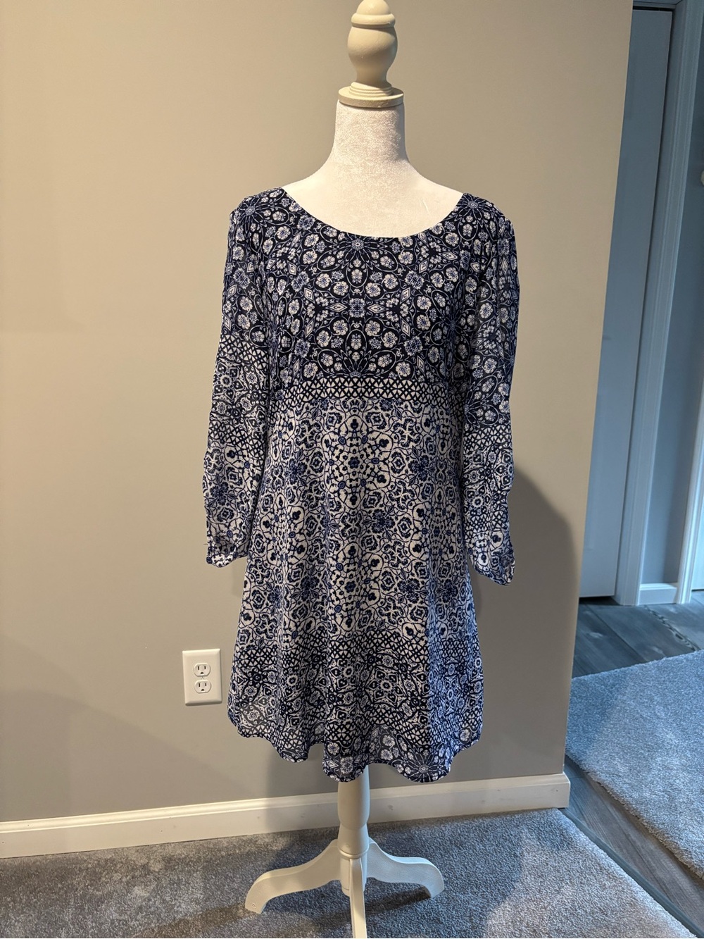Navy Blue Printed Long-Sleeve Women’s Dress